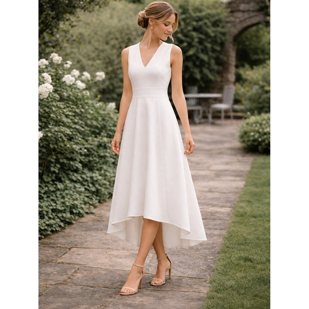 Eliza J Ivory Bridal Shower High Low Dress V-Neck Midi Elegant w/ Pockets SZ 2‎